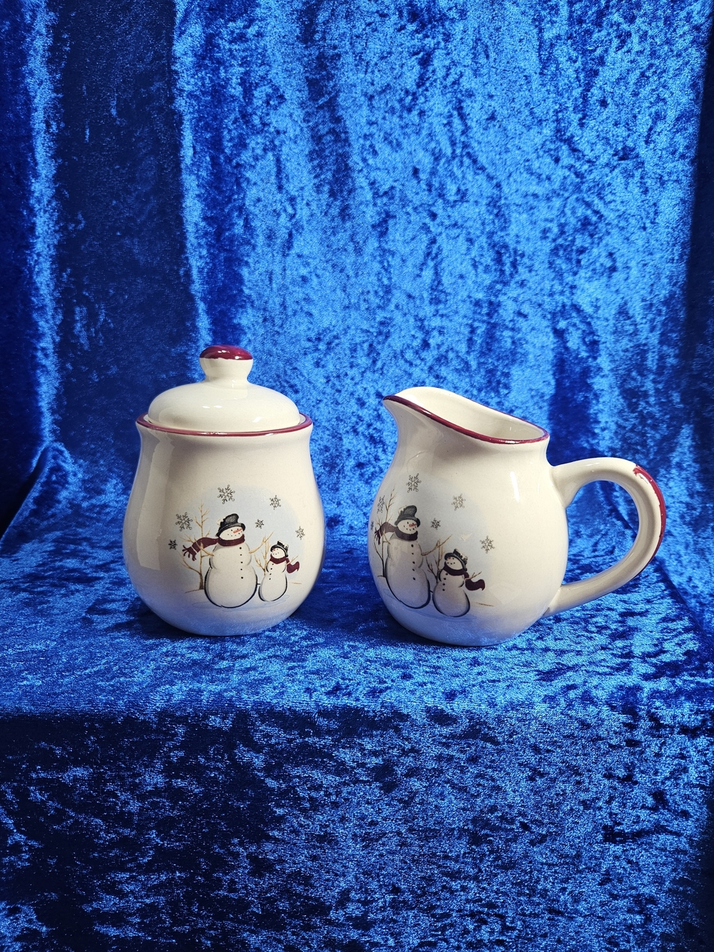 Royal Seasons Snowman Stoneware Creamer and Sugar Set - White with Red Trim